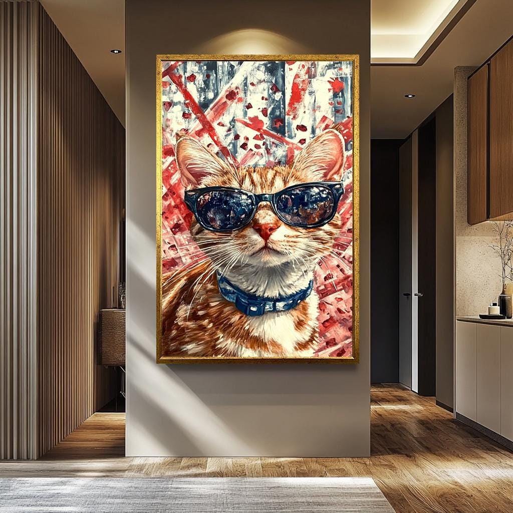 Cool Cat Pop Art - Retro Abstract Cat Painting | Vibrant Colorful Canvas Print