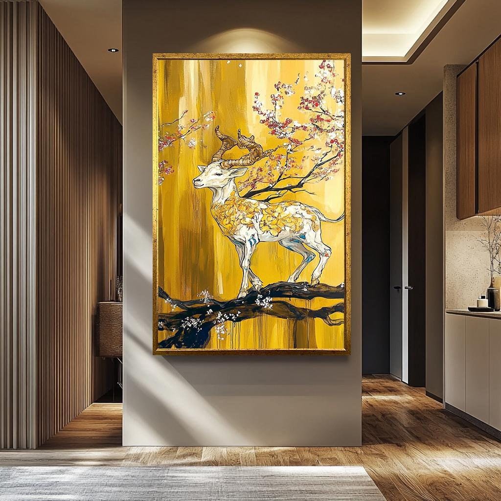 Golden Deer Wall Art - Abstract Hand-Painted Canvas with Cherry Blossom Decor