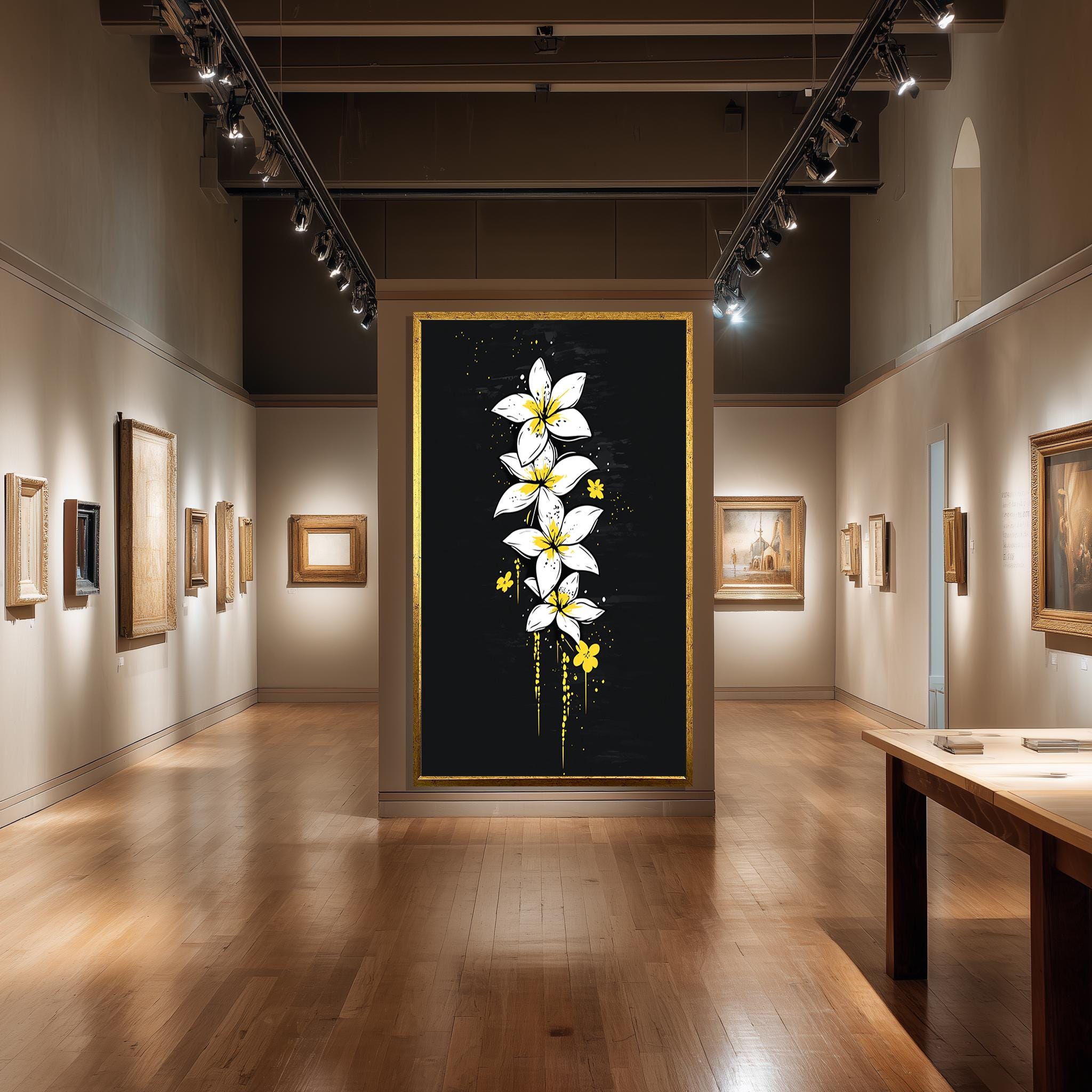 White Plumeria Canvas – Tropical Floral Wall Art With Yellow Accents & Black Background