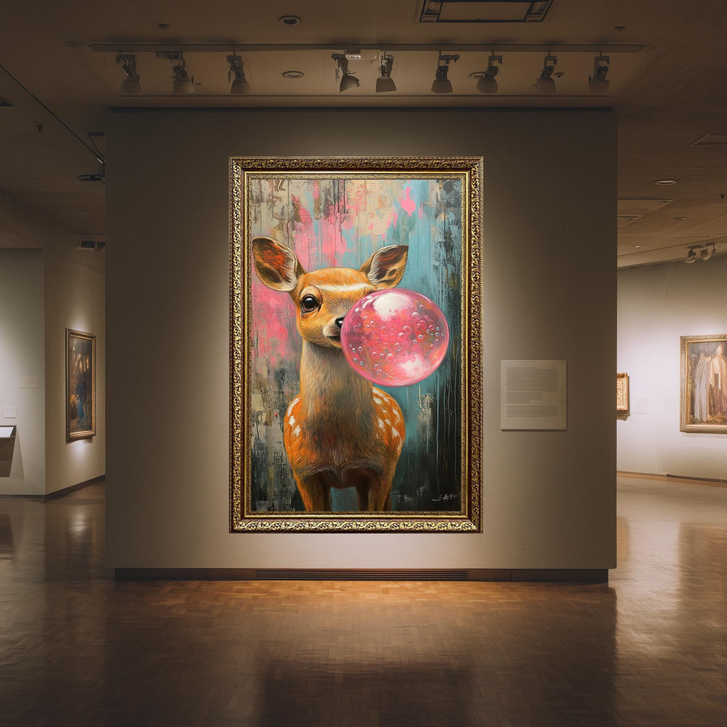 Deer Blowing Bubblegum Canvas – Cute Animal Nursery Wall Art with Colorful Grunge Background