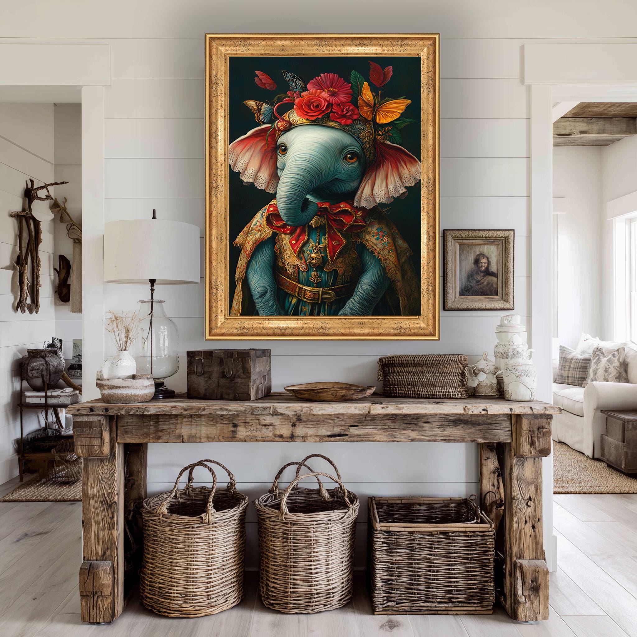 Baby Elephant Canvas Floral Crown Art – Vintage Elephant Print for Boho Nursery Decor