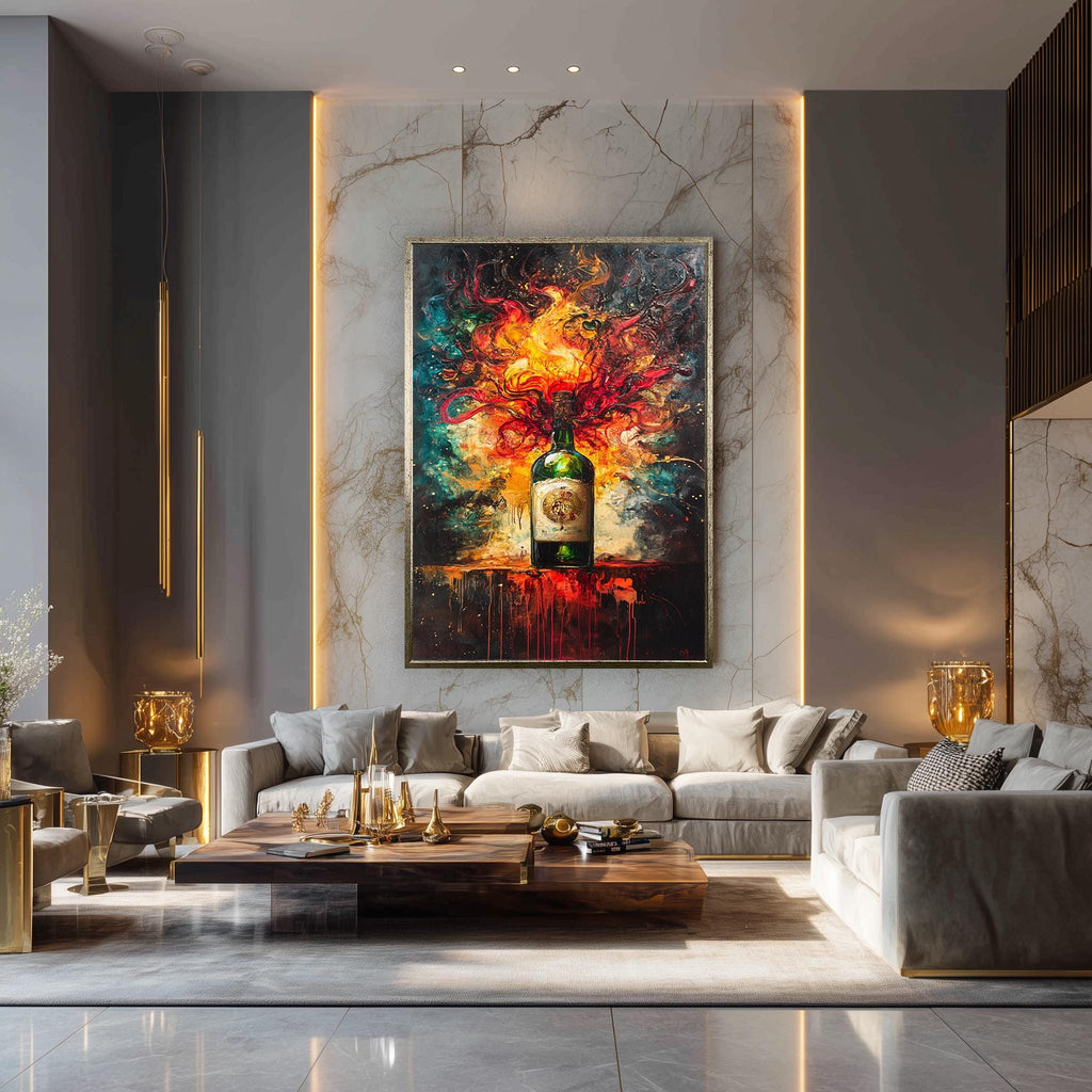 Whiskey Bottle Canvas Art – Fiery Abstract Liquor Print | Bold Bar Wall Decor