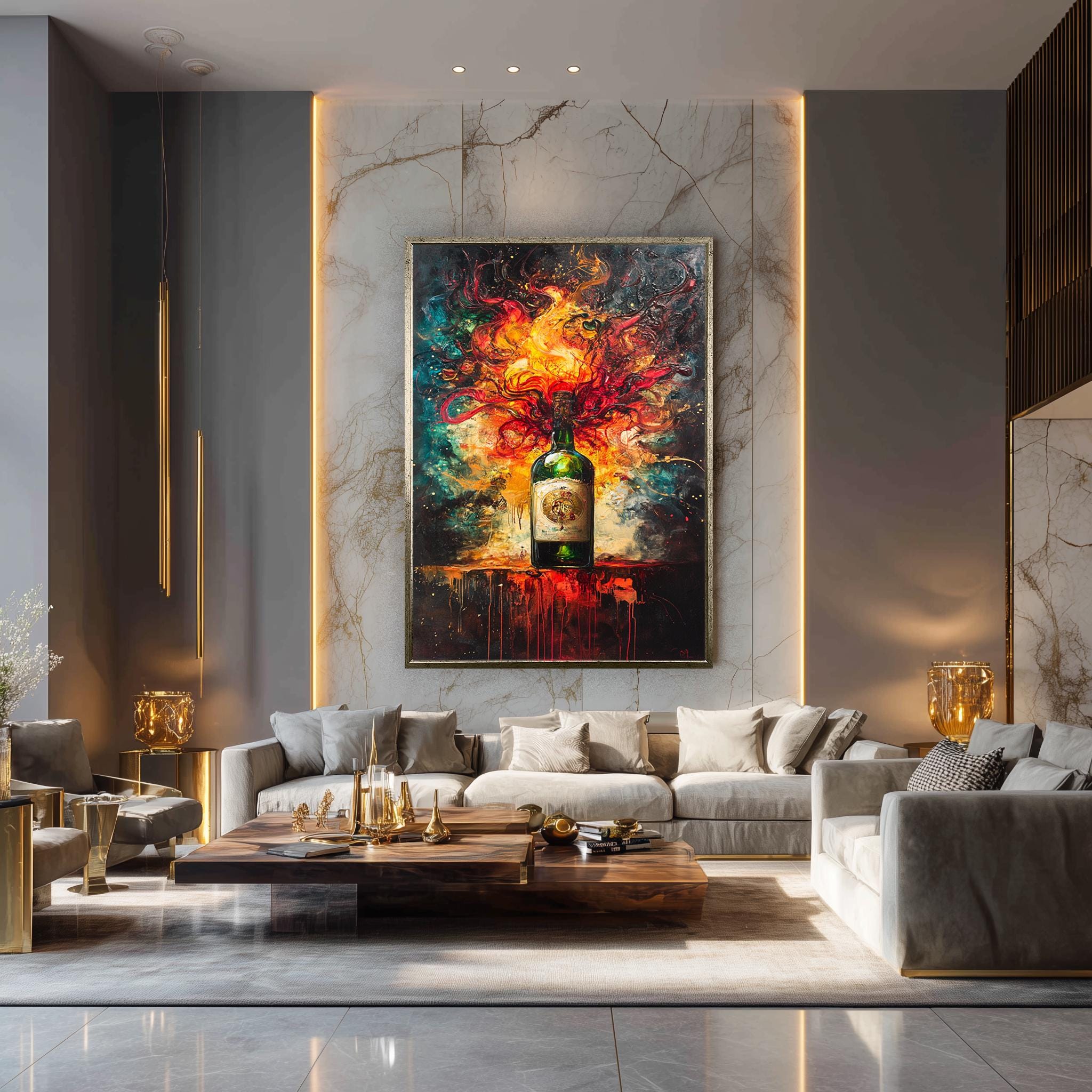 Whiskey Bottle Canvas Art – Fiery Abstract Liquor Print | Bold Bar Wall Decor