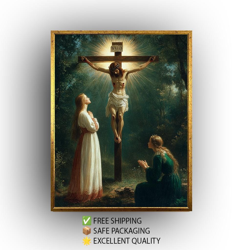 Jesus on the Cross Canvas | Christian Wall Art - Crucifixion Scene Print with Divine Light