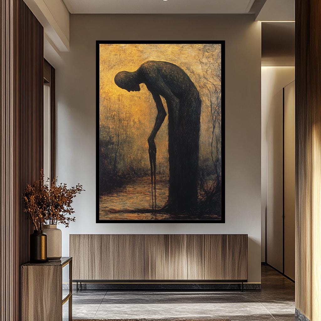 Dark Surreal Canvas Print – Moody Golden Light Gothic Wall Art With Melting Form