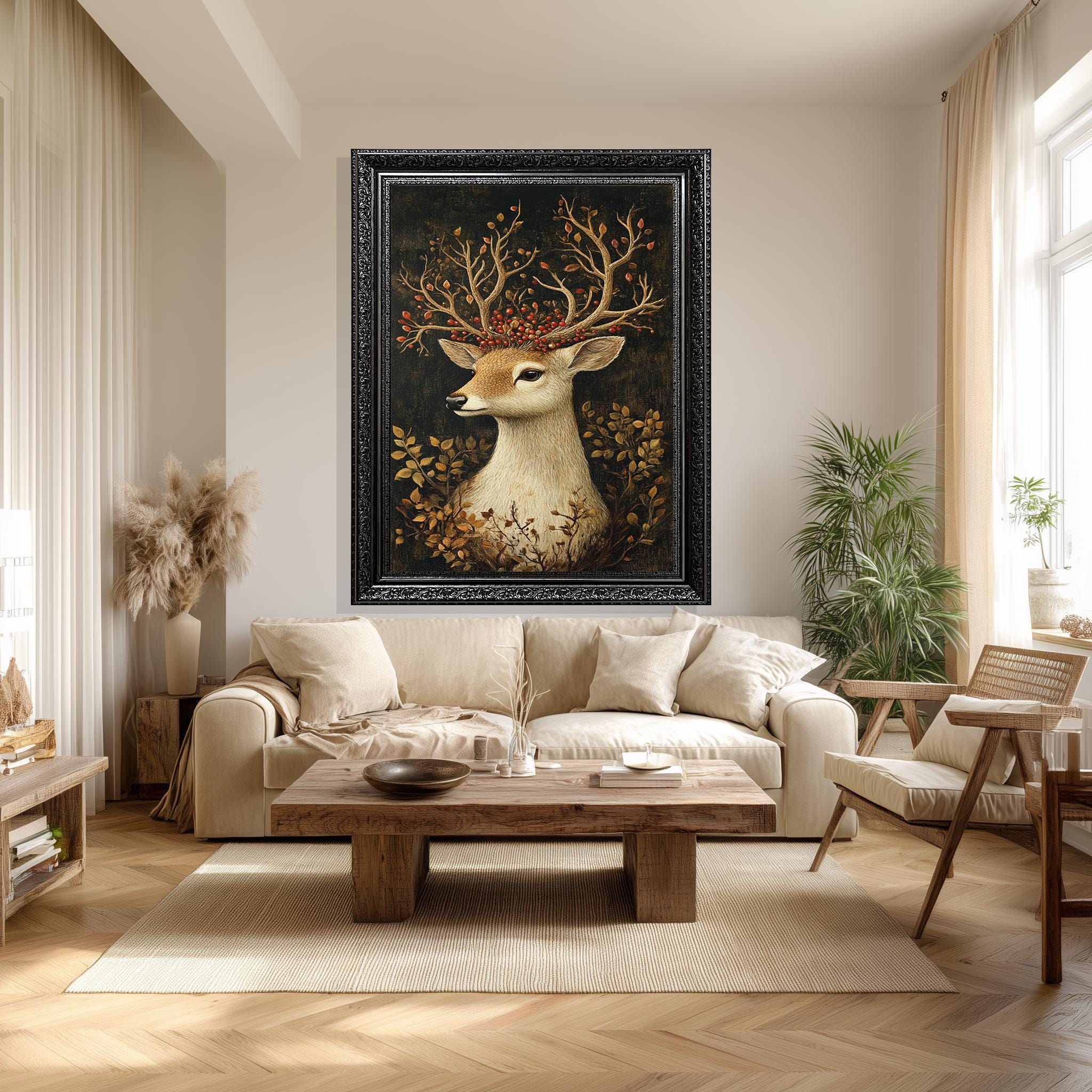 Deer Canvas Wall Art – Rustic Woodland Nature Print with Antlers & Red Berries