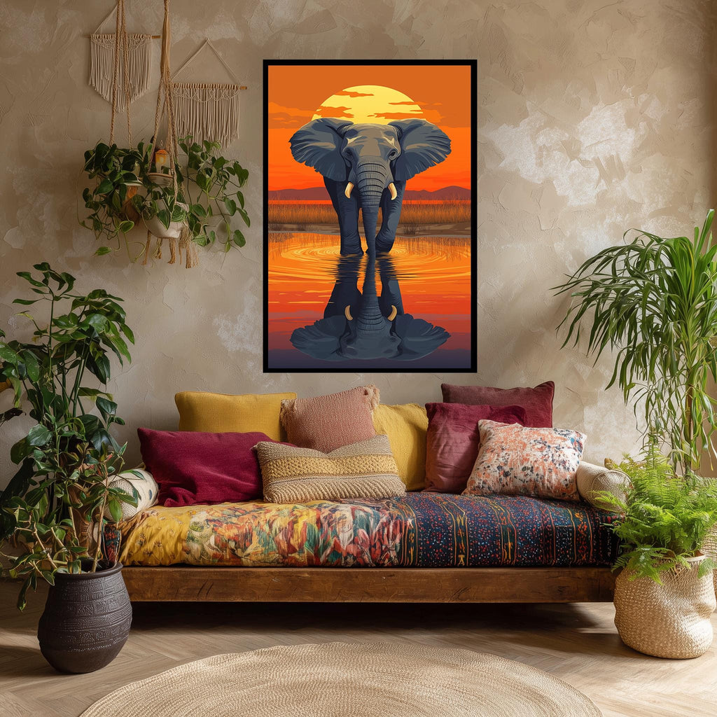 Elephant Canvas Wall Art – Majestic African Wildlife Sunset Reflection Print