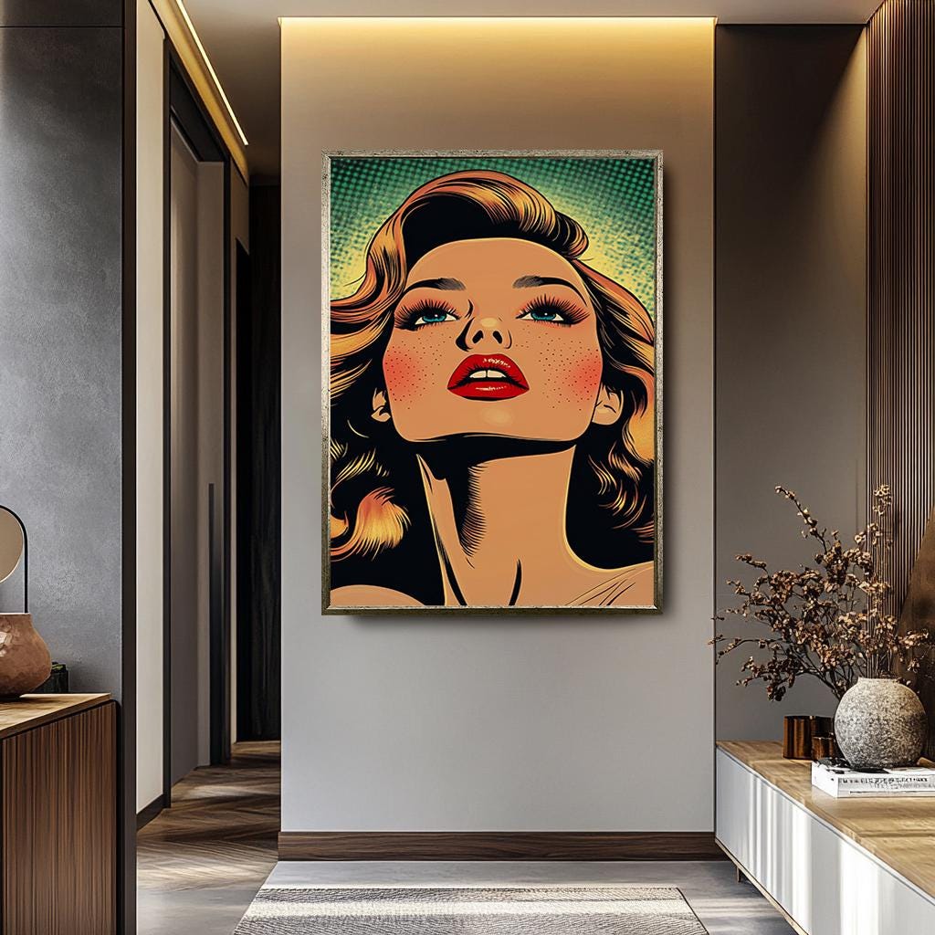 Pop Art Canvas Print – Retro Woman Artwork with Bold Red Lips & Freckles, Ready to Hang