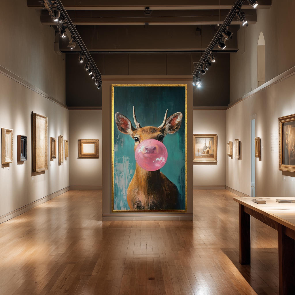 Funny Deer Wall Art – Bubblegum Animal Print on Teal Canvas for Kids Room Decor