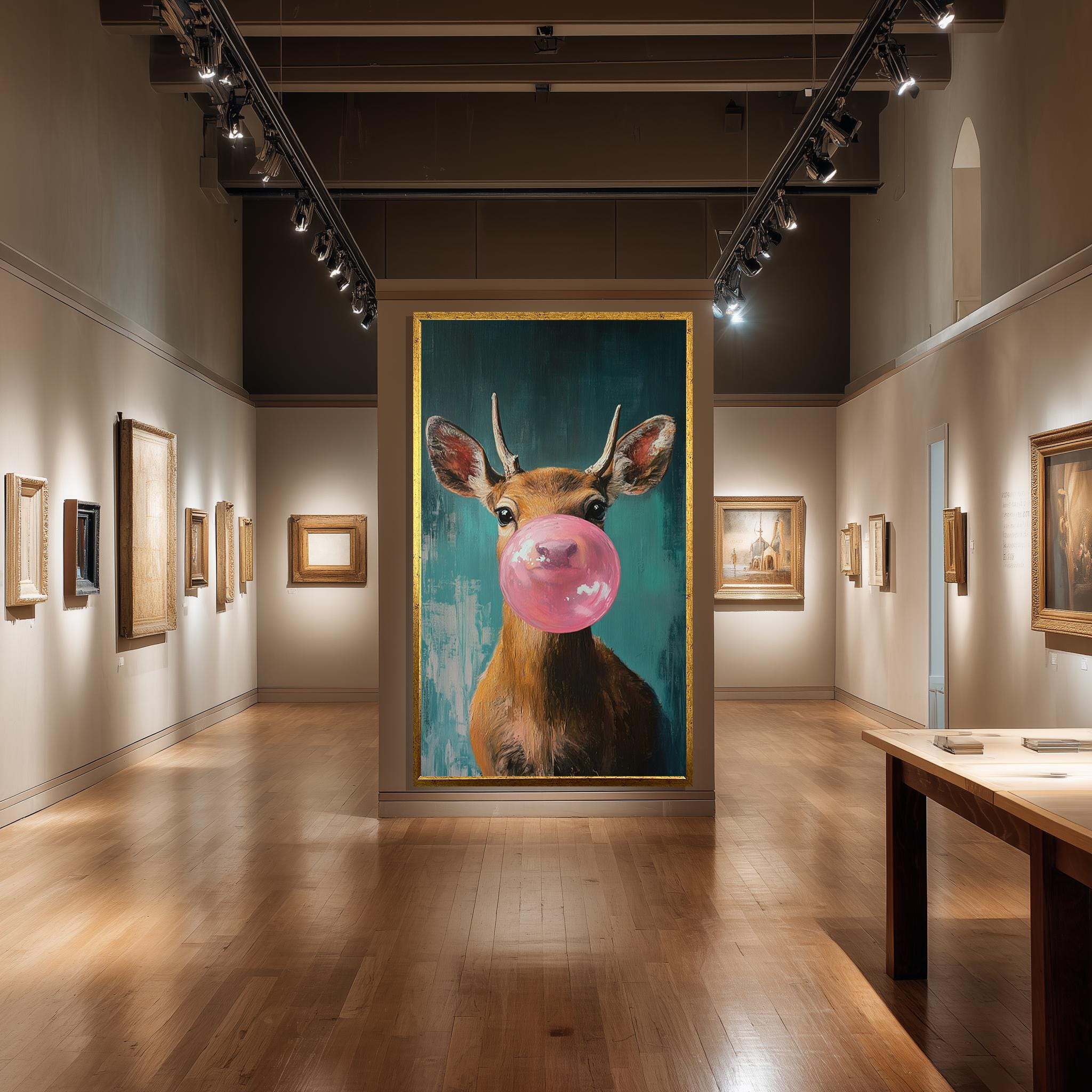 Funny Deer Wall Art – Bubblegum Animal Print on Teal Canvas for Kids Room Decor