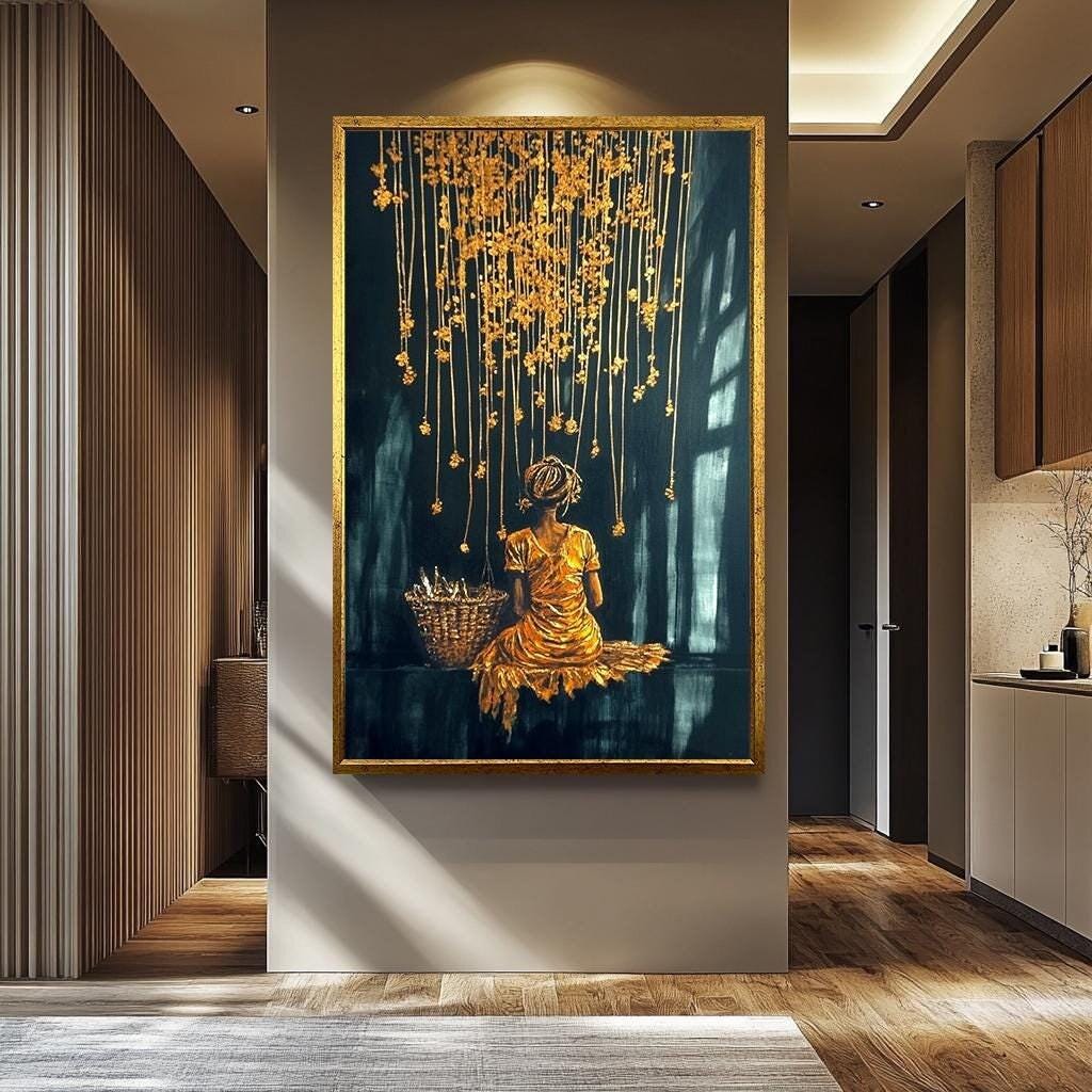 Women Wall Art - Golden Glow Abstract Canvas Painting | Black Gold Woman Portrait Print