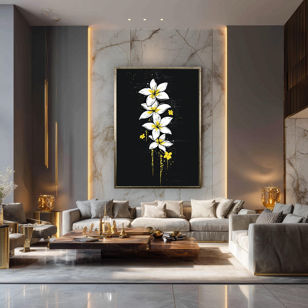 White Plumeria Canvas – Tropical Floral Wall Art With Yellow Accents & Black Background