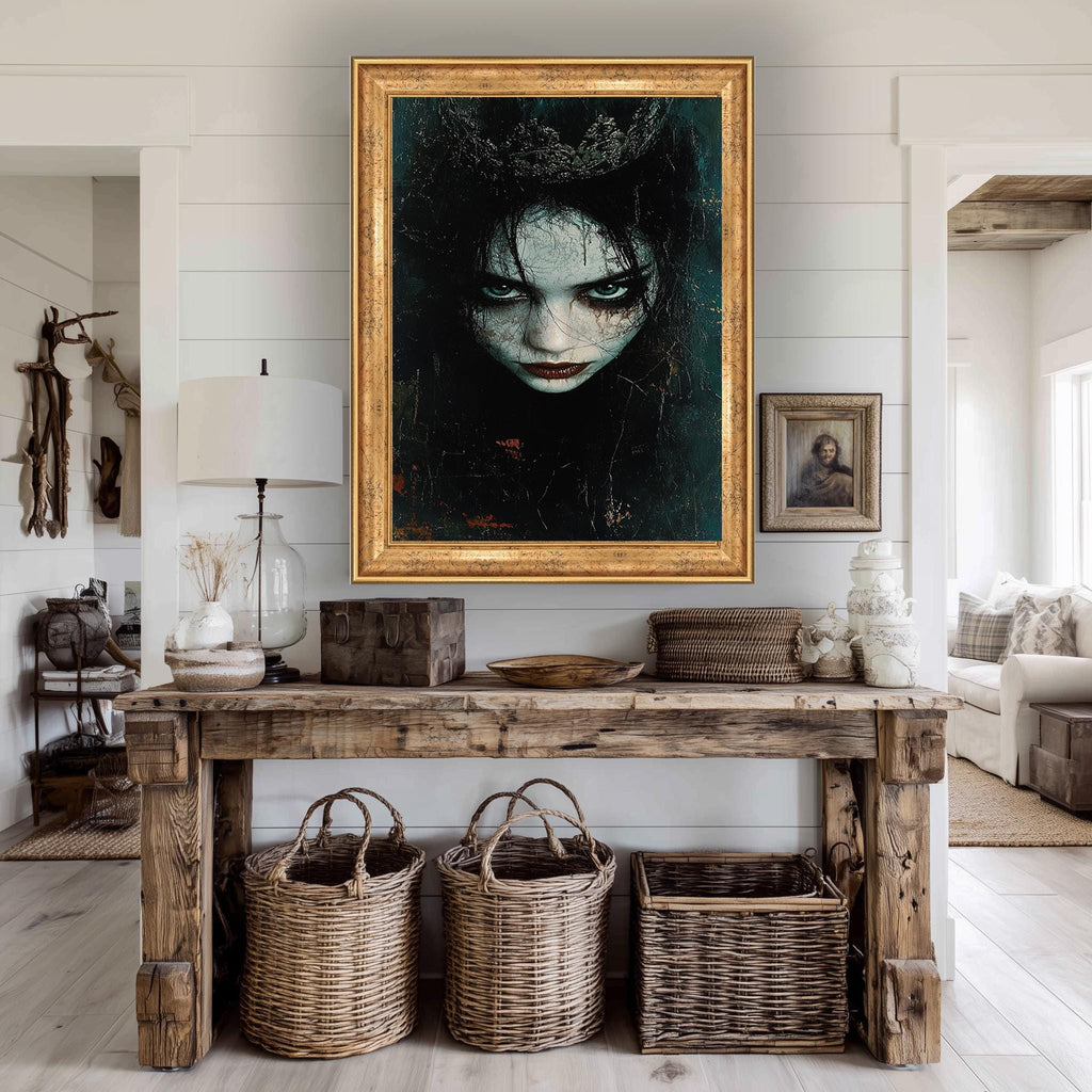 Gothic Woman Canvas Print – Dark Fantasy Portrait with Blue Eyes & Crowned Skin