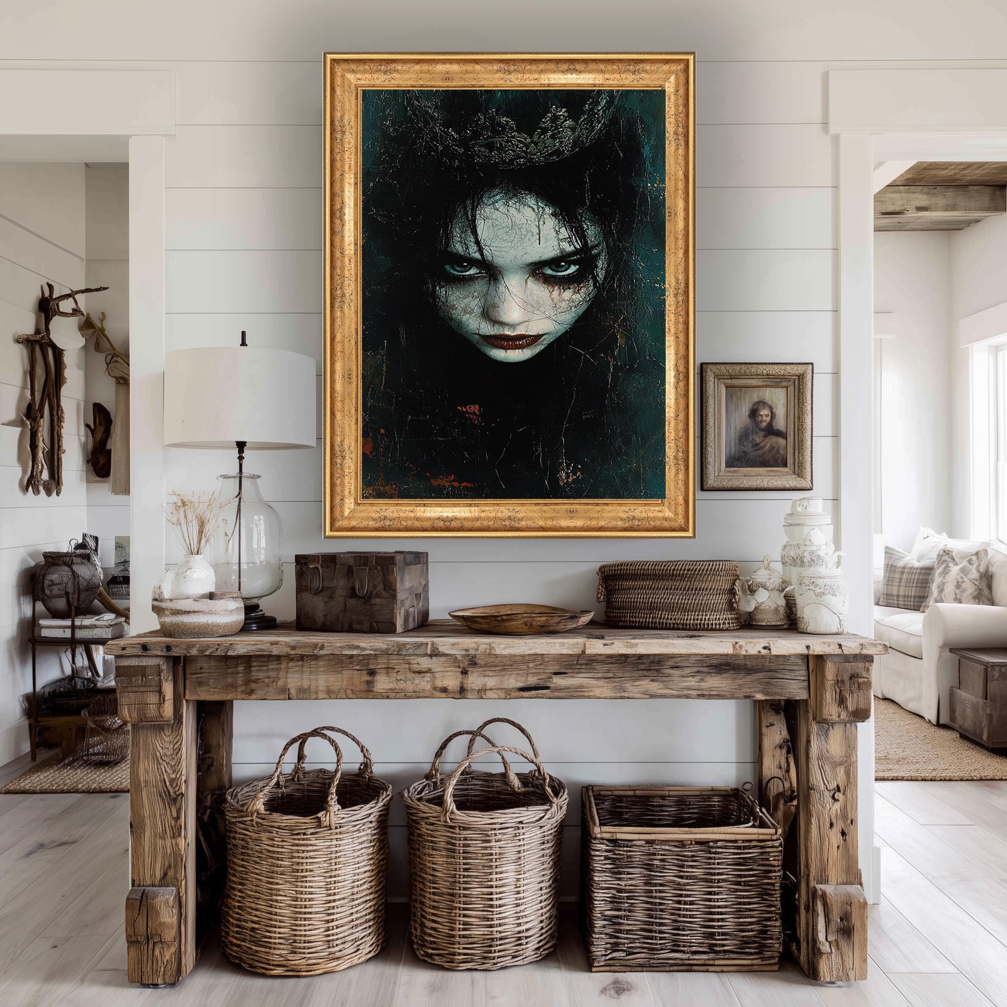 Gothic Woman Canvas Print – Dark Fantasy Portrait with Blue Eyes & Crowned Skin
