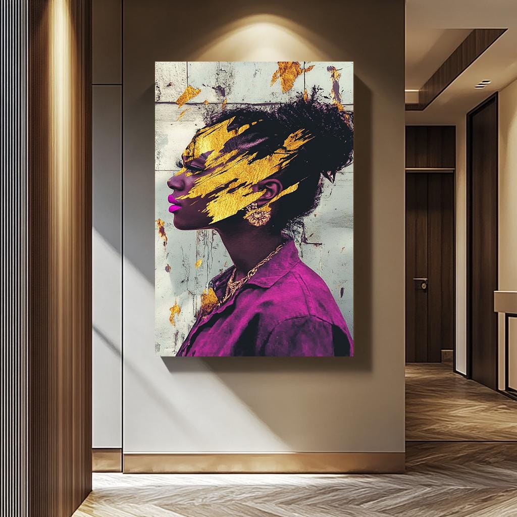 Black Woman Wall Art – Gold Abstract Canvas | Modern Feminine Decor, Vibrant Colors