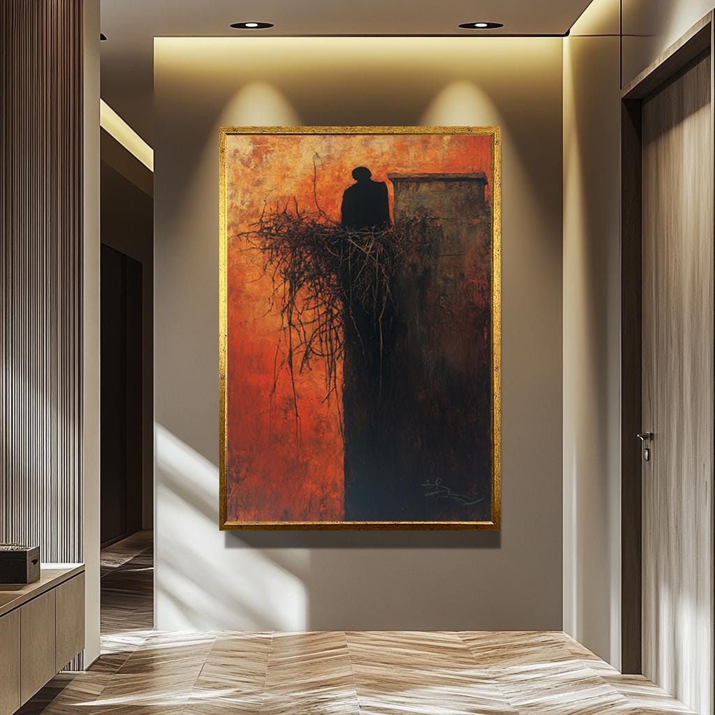 Dark Abstract Canvas – Moody Surreal Shadow Print With Fiery Orange Silhouette