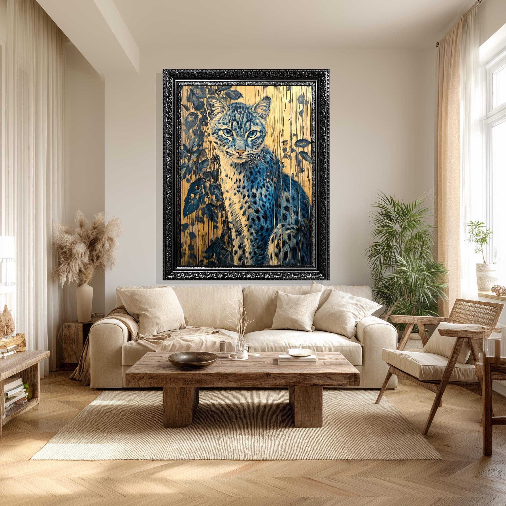 Blue Leopard Wall Art – Wildlife Canvas Print with Botanical Jungle Design