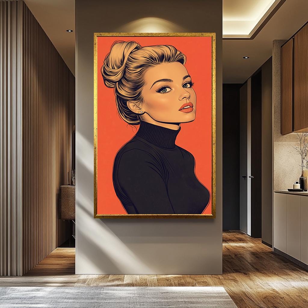 Pop Art Canvas Print – Blonde Woman Painting with Black Turtleneck & Bold Orange Background