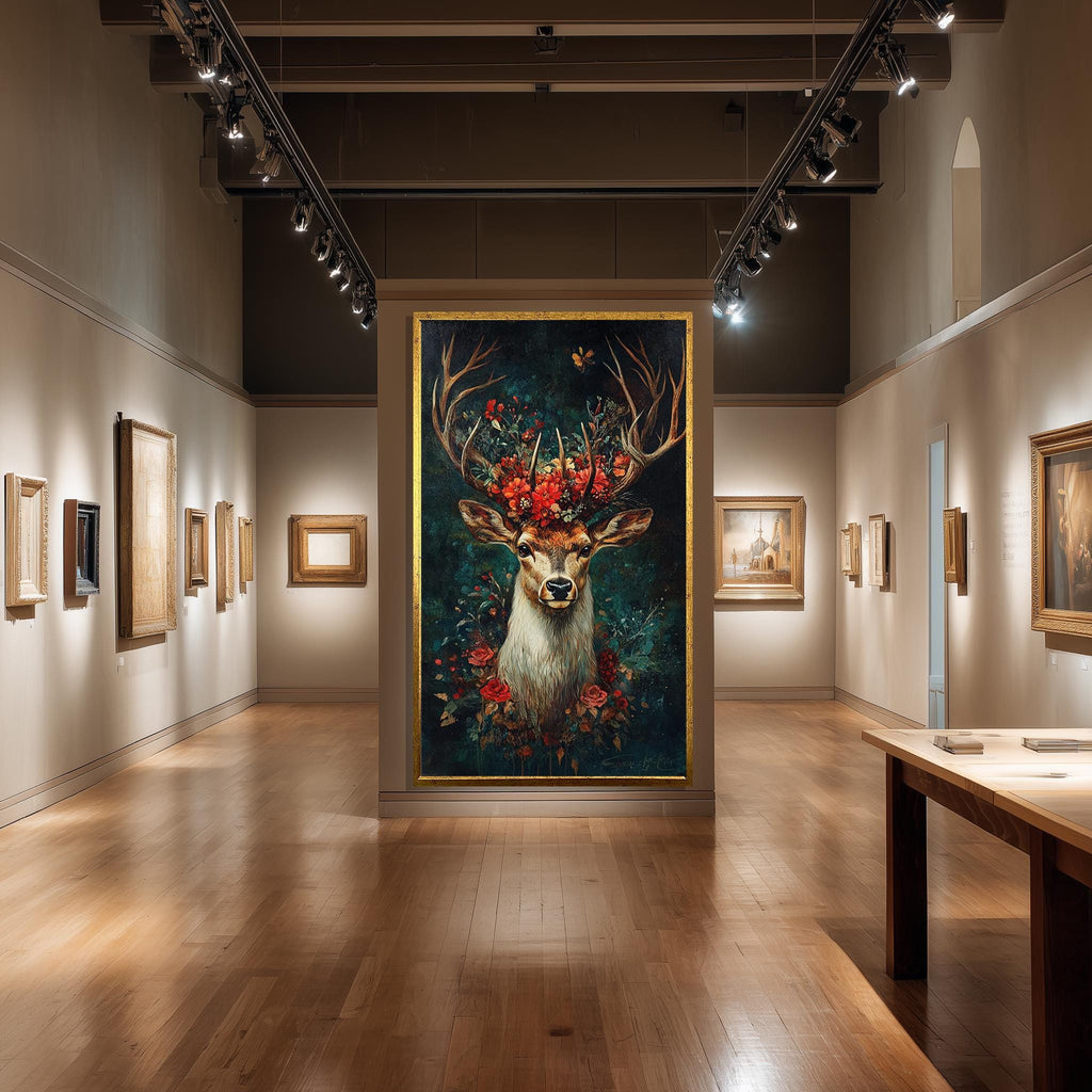 Deer Floral Canvas Print – Woodland Wall Art | Rustic Animal Painting with Botanical Antlers