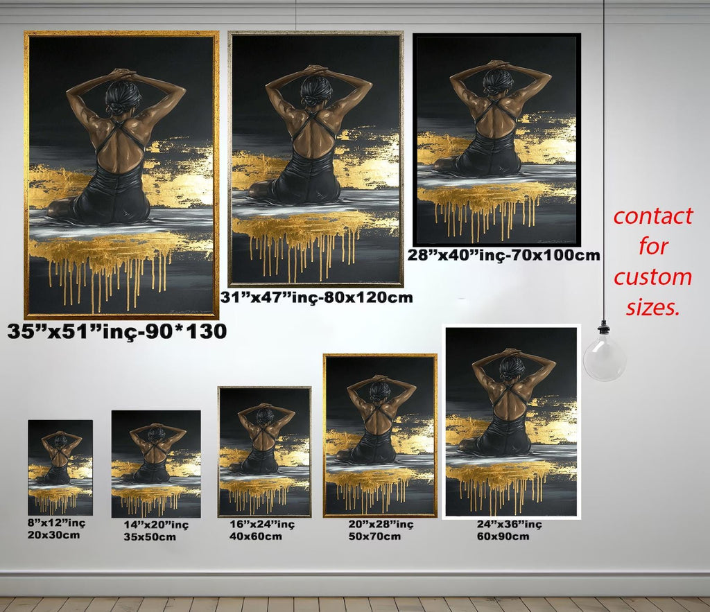 Black Woman Wall Art – Gold Leaf Canvas | Modern Female Painting | Textured Canvas Print