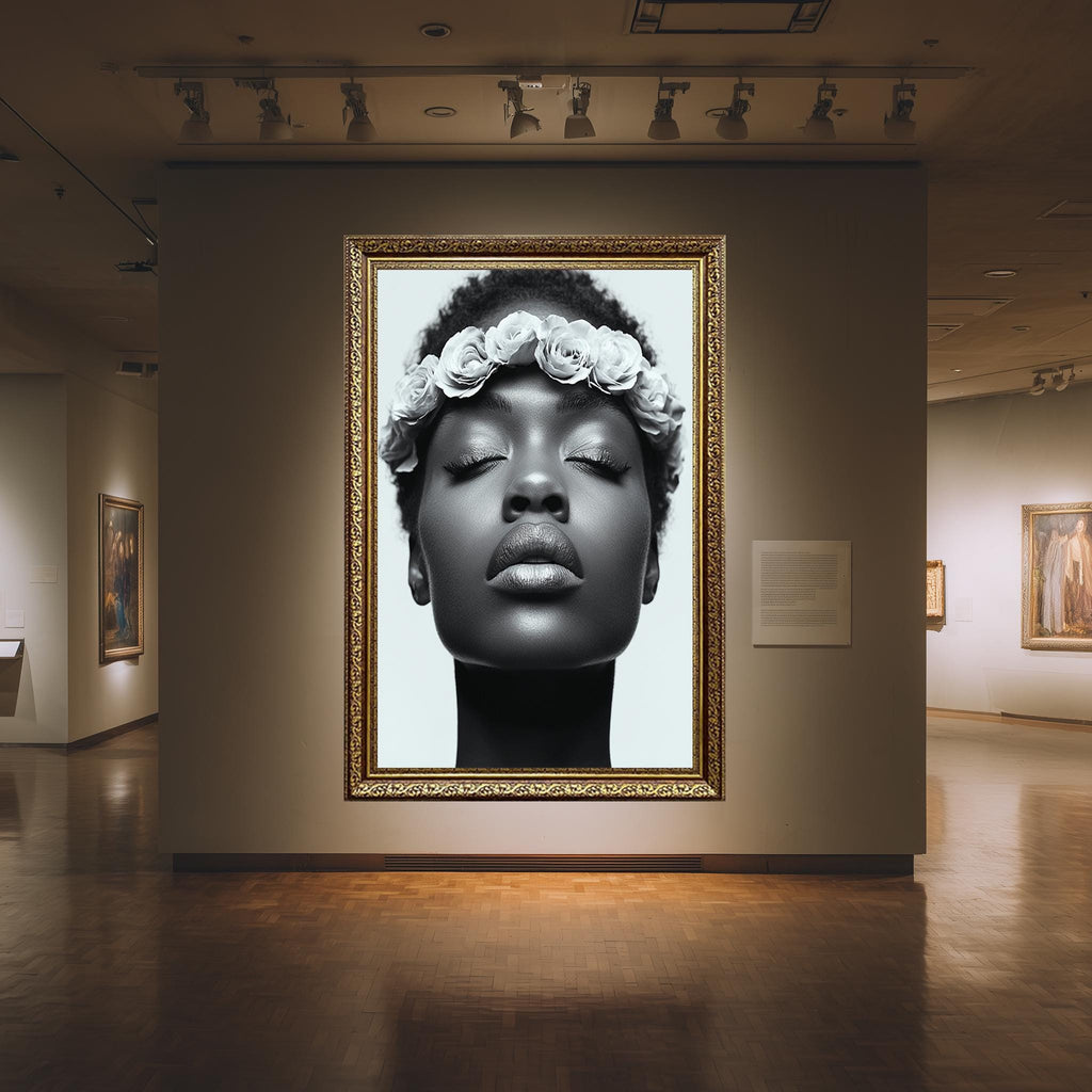 Black Woman Canvas Print – Monochrome Wall Art With Rose Crown Portrait