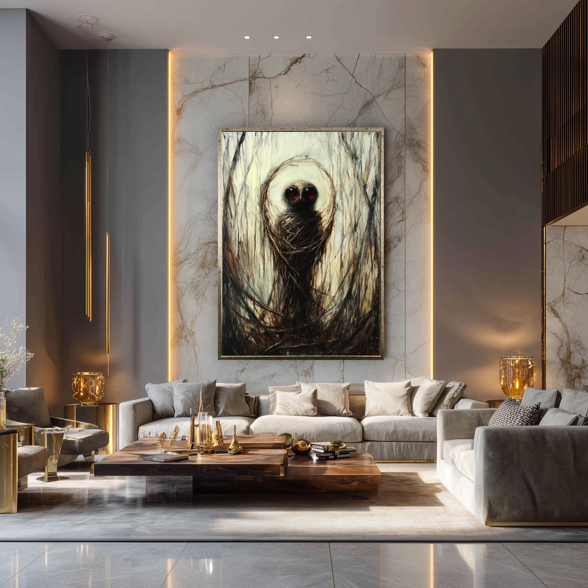 Dark Forest Creature Art – Surreal Gothic Wall Decor With Eerie Red Eyes Canvas