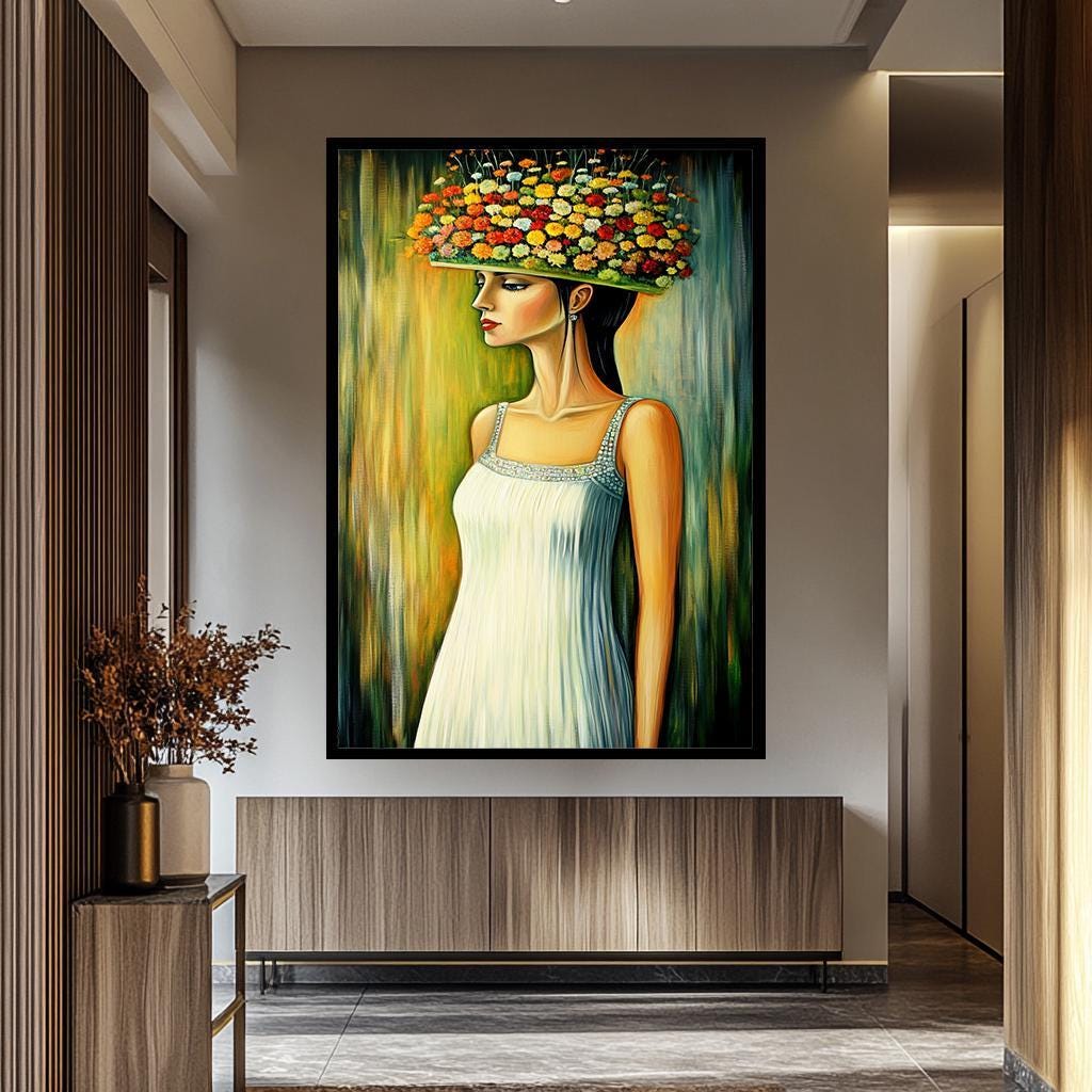 Floral Women Wall Art - Whimsical Portrait Canvas With Flower Hat | Elegant Botanical Decor