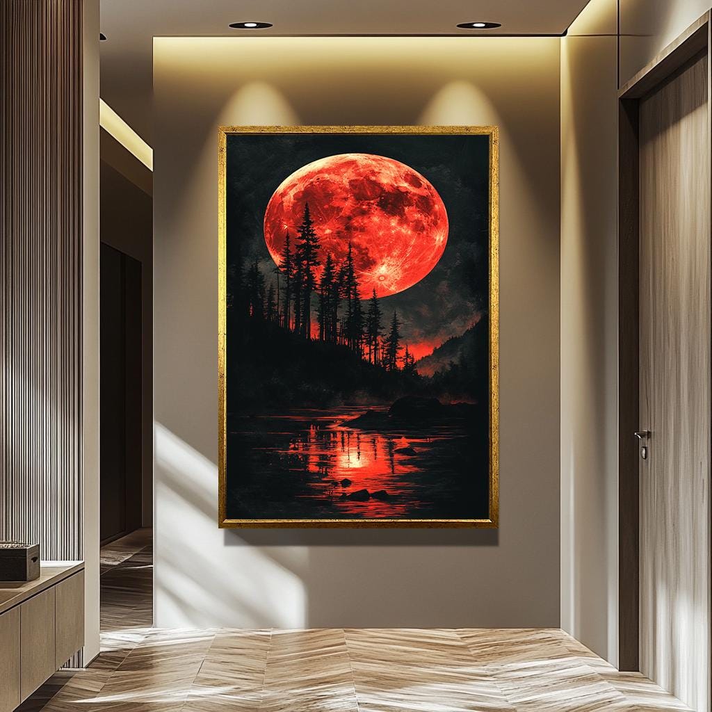 Blood Moon Wall Art – Red Moon Canvas Painting | Handmade Forest Decor