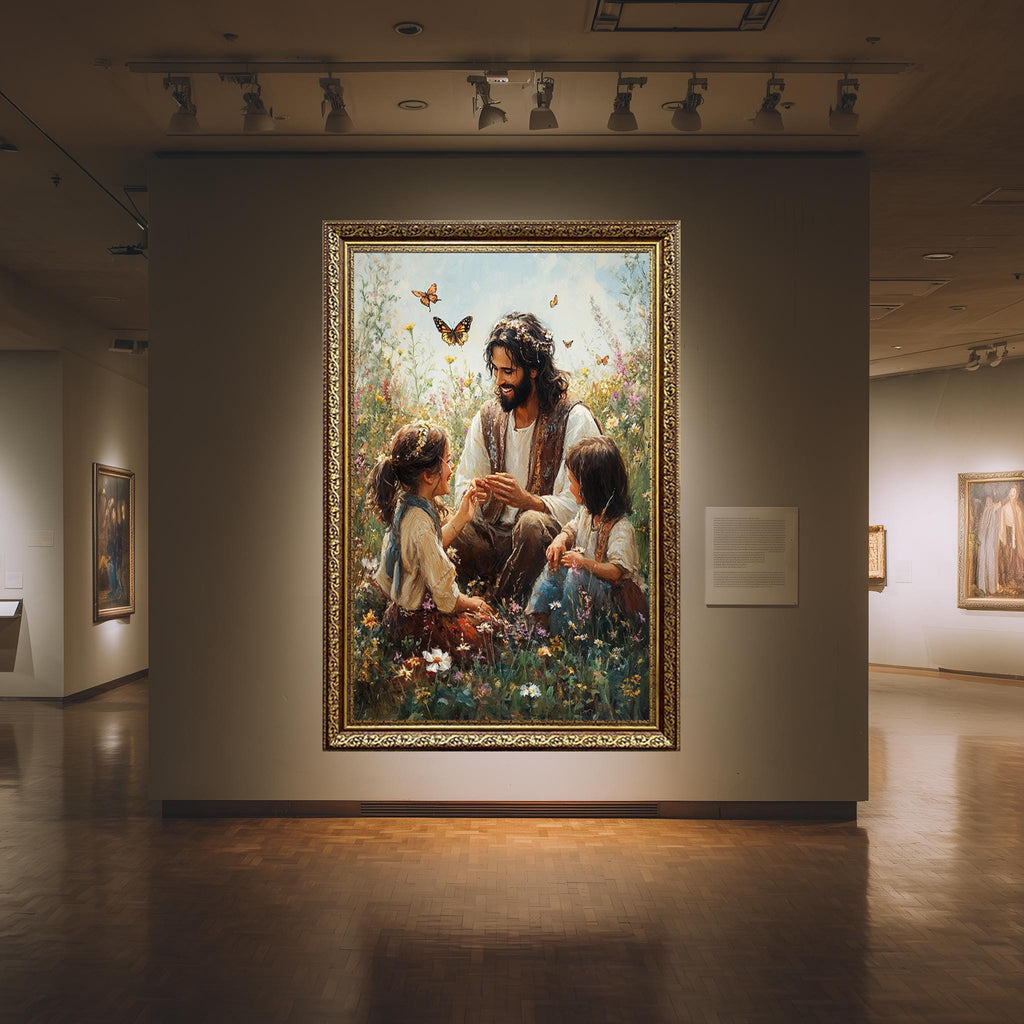 Jesus with Children Canvas - Joyful Christian Wall Art | Flower Field Print
