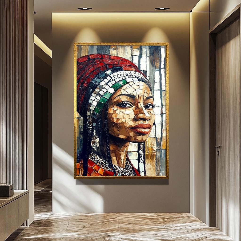 African Women Wall Art – Mosaic-Inspired Female Portrait Canvas | Vibrant Cultural Decor