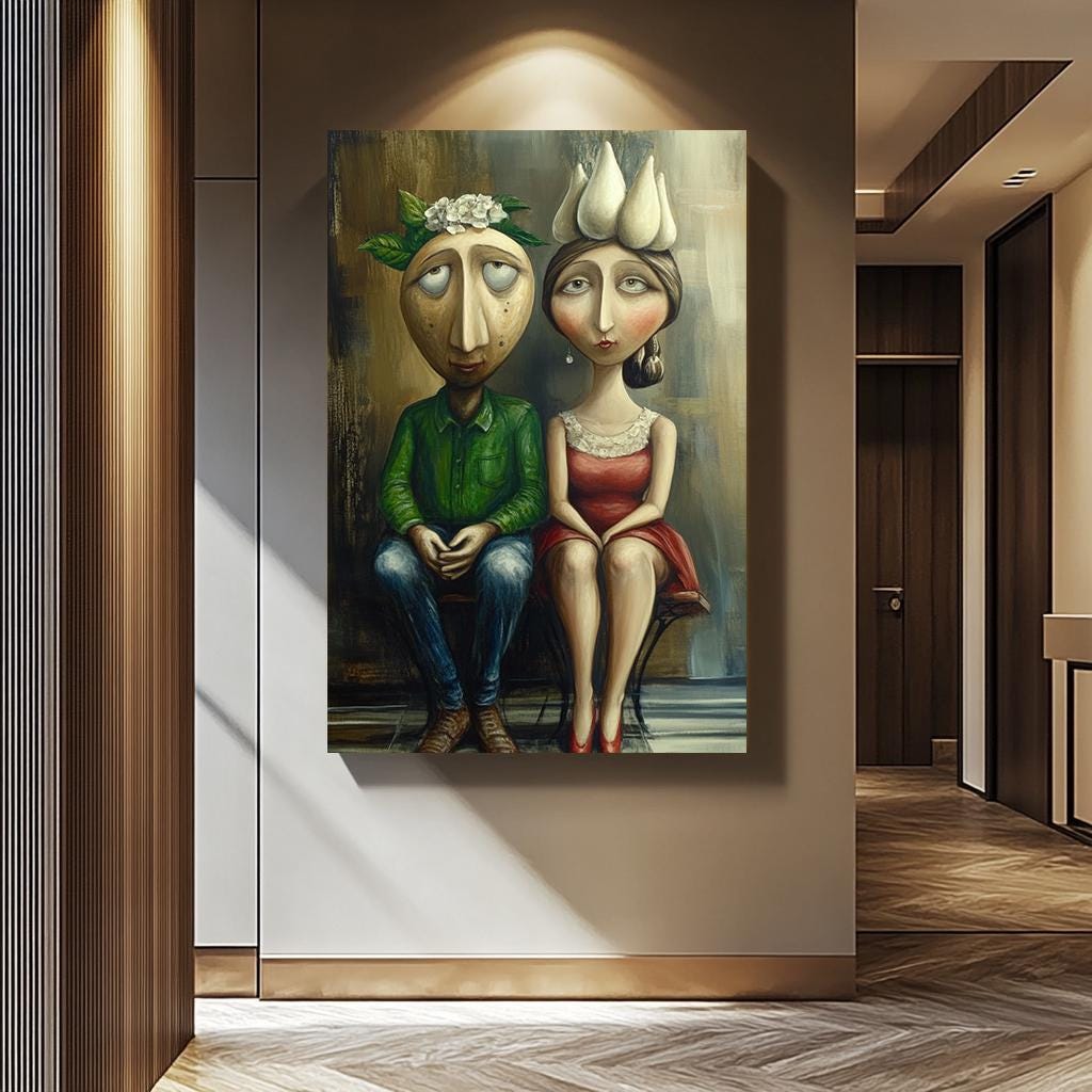 Quirky Couple Wall Art - Unique Romantic Canvas Print | Whimsical Surreal Painting