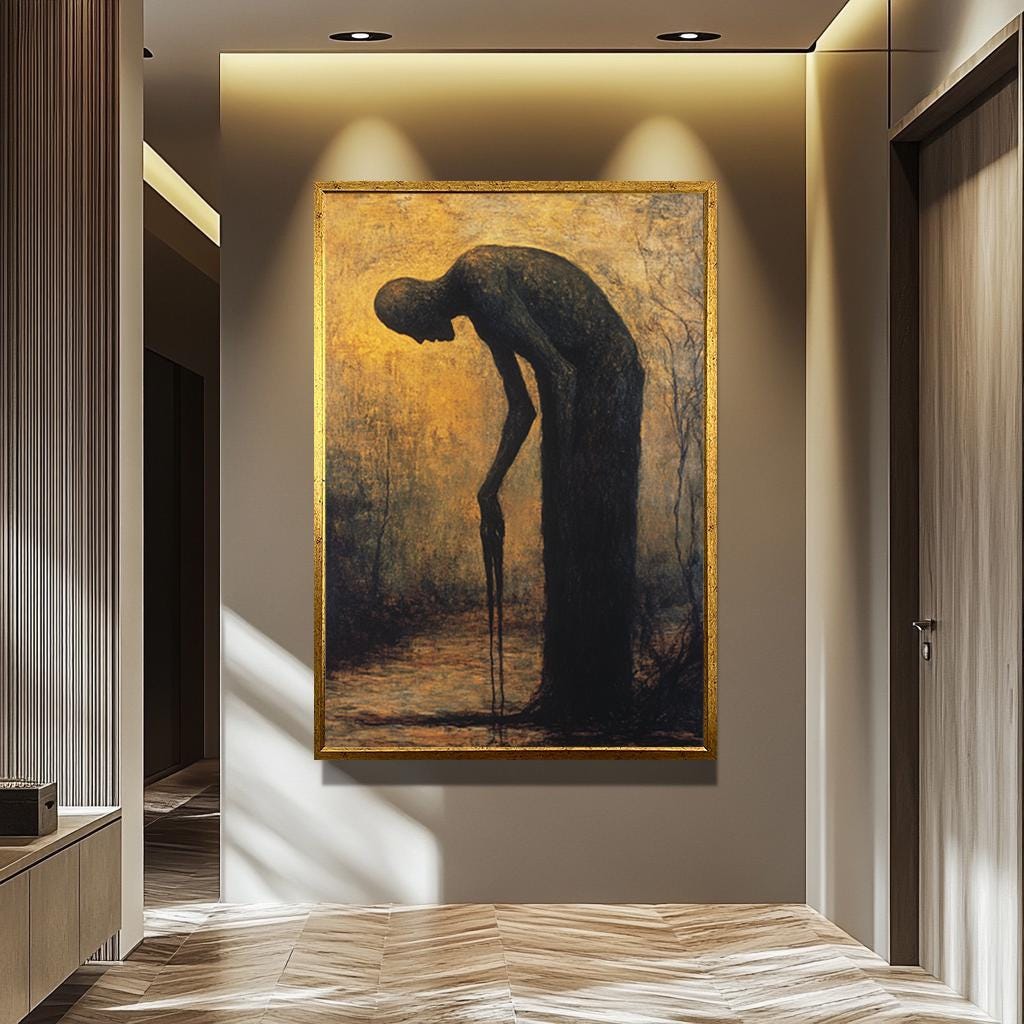 Dark Surreal Canvas Print – Moody Golden Light Gothic Wall Art With Melting Form