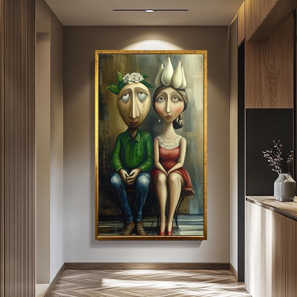 Quirky Couple Wall Art - Unique Romantic Canvas Print | Whimsical Surreal Painting