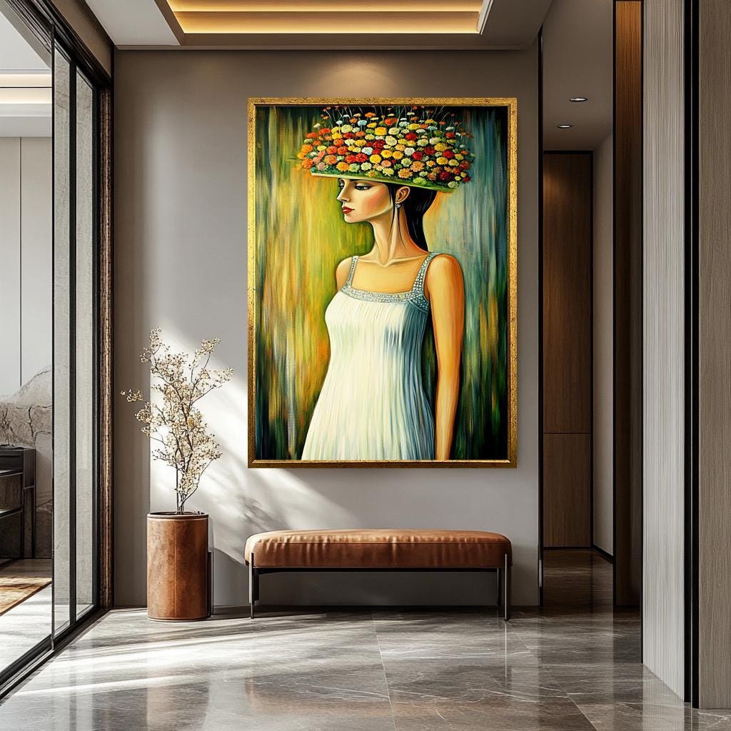 Floral Women Wall Art - Whimsical Portrait Canvas With Flower Hat | Elegant Botanical Decor