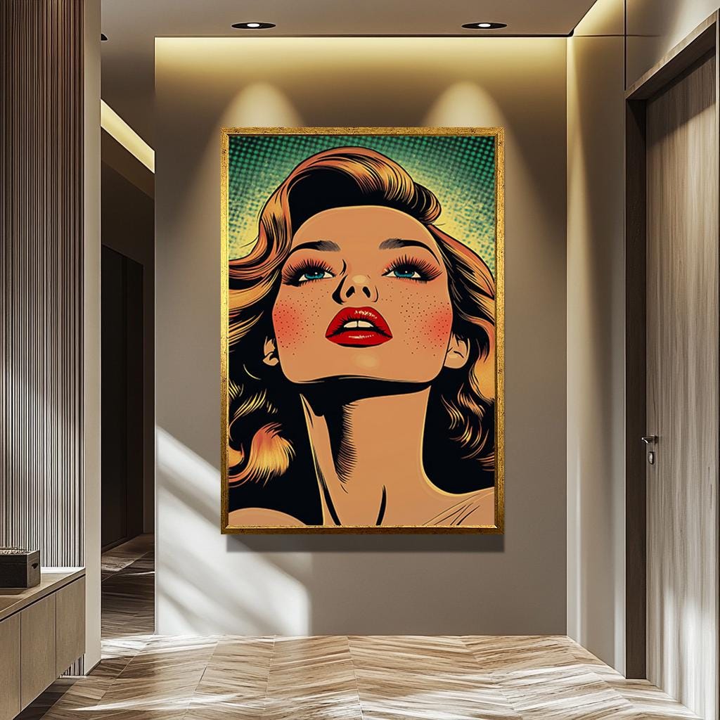 Pop Art Canvas Print – Retro Woman Artwork with Bold Red Lips & Freckles, Ready to Hang