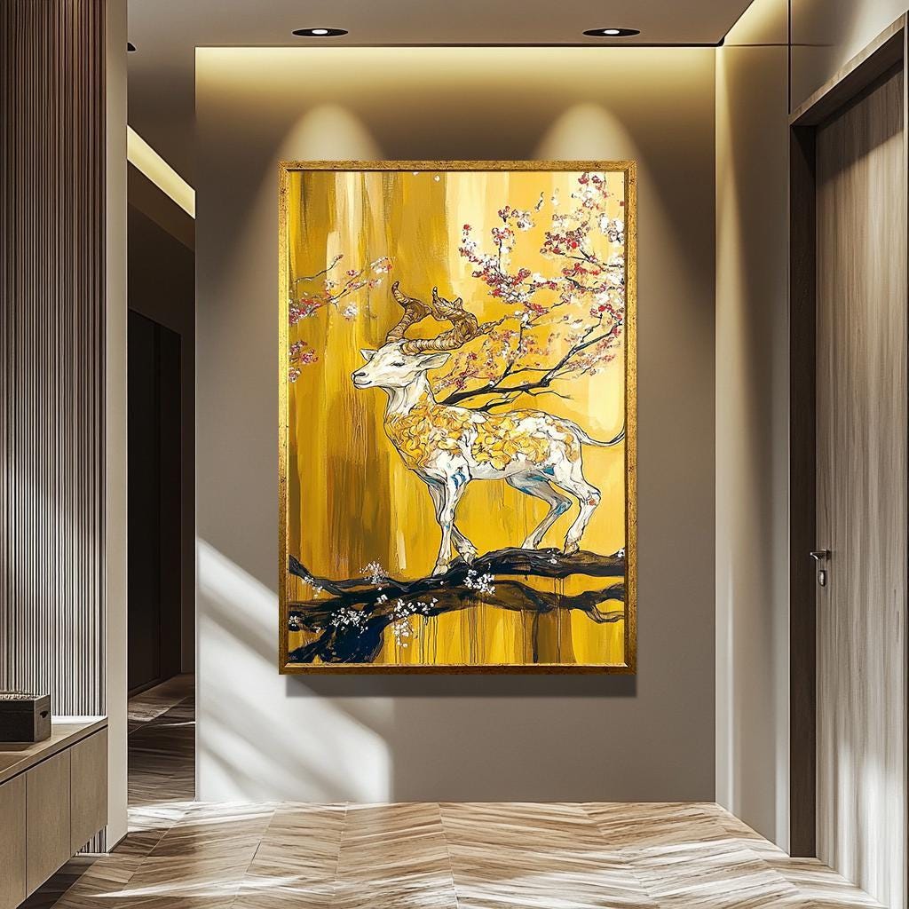 Golden Deer Wall Art - Abstract Hand-Painted Canvas with Cherry Blossom Decor