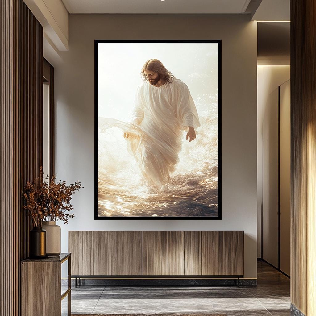 Jesus Walking On Water - White And Gold Canvas | Inspirational Christian Wall Art