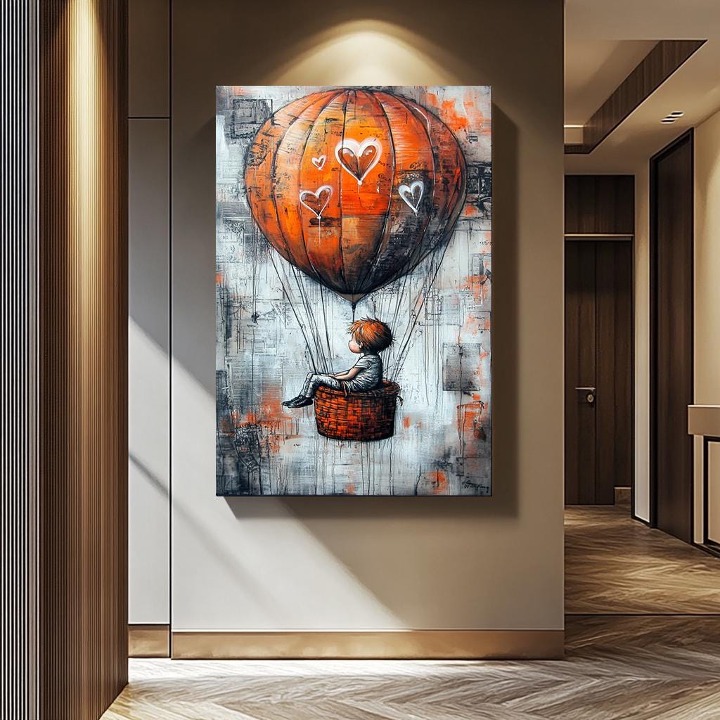 Orange Hot Air Balloon Art - Graffiti Style Canvas With Whimsical Hearts | Modern Urban Artwork
