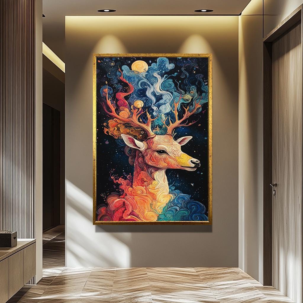Deer Canvas Print - Rustic Wall Art | Large Colorful Deer Painting Print