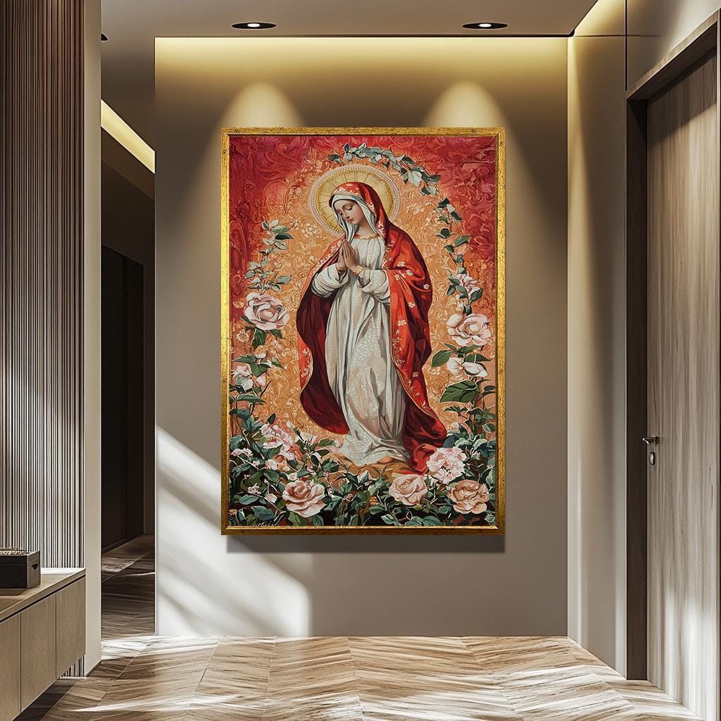Virgin Mary Wall Art – Traditional Catholic Painting | Rose Garden Decor Canvas