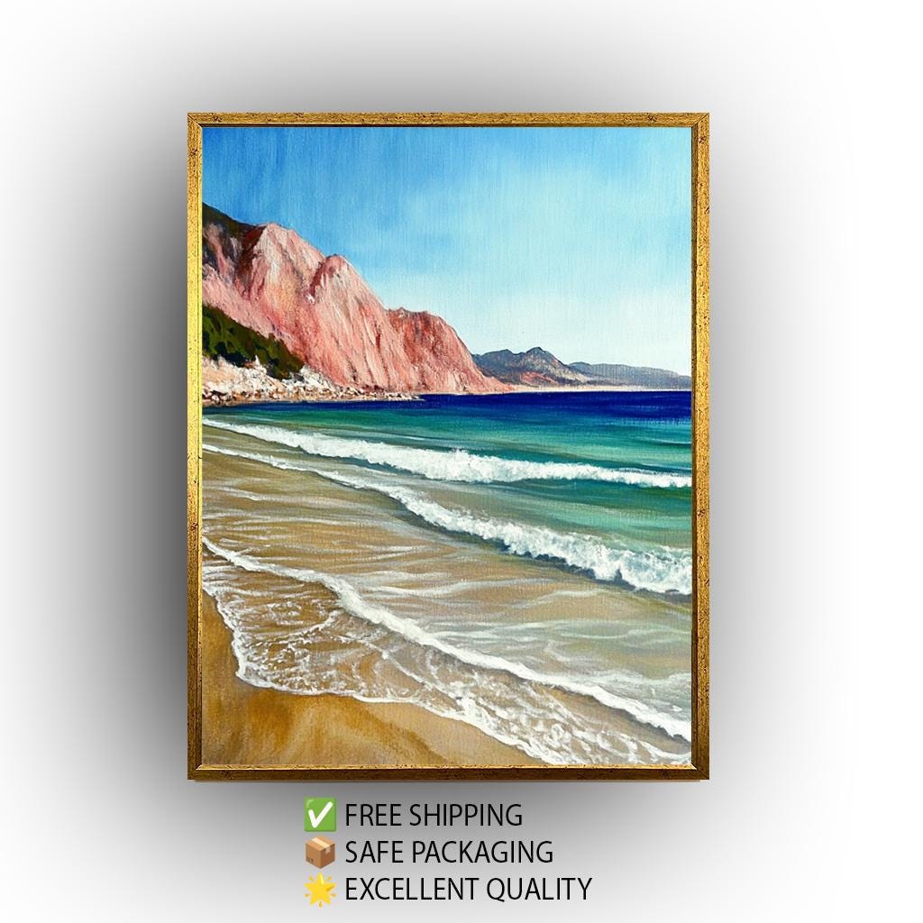 Beach Canvas Wall Art – Coastal Turquoise Sea Waves & Pink Cliffs Print