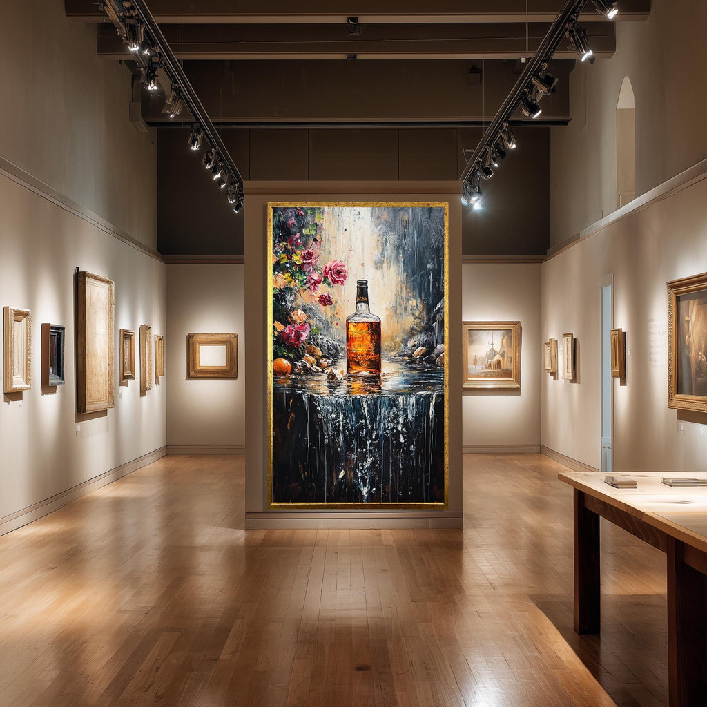 Whiskey Bottle Wall Art – Floral Canvas Print With Waterfall, Romantic Bar Artwork