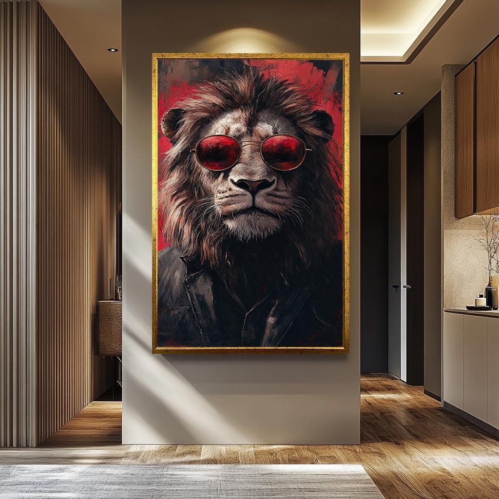 Lion Wall Art – Red Black Canvas Print | Hipster Animal Canvas Decor