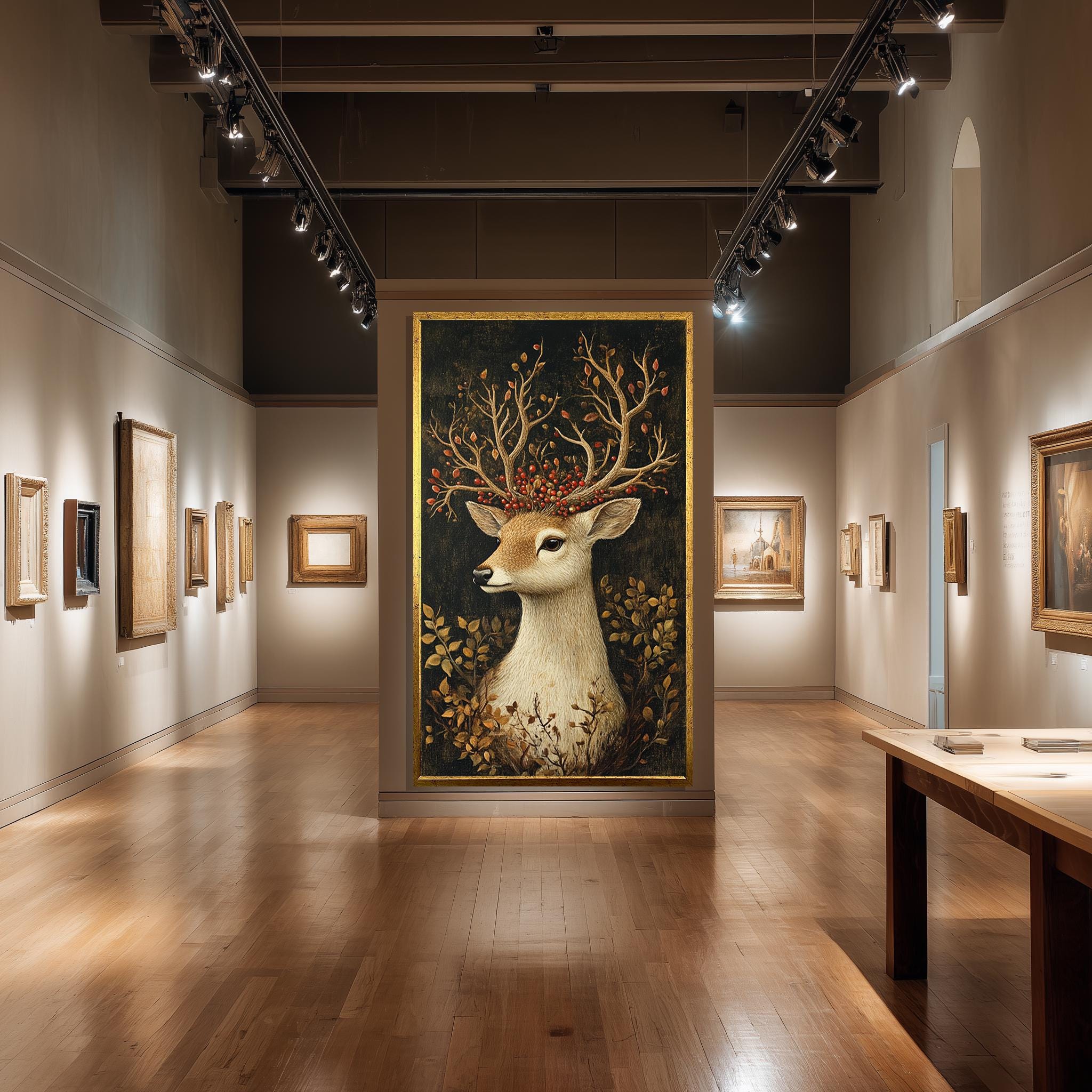 Deer Canvas Wall Art – Rustic Woodland Nature Print with Antlers & Red Berries