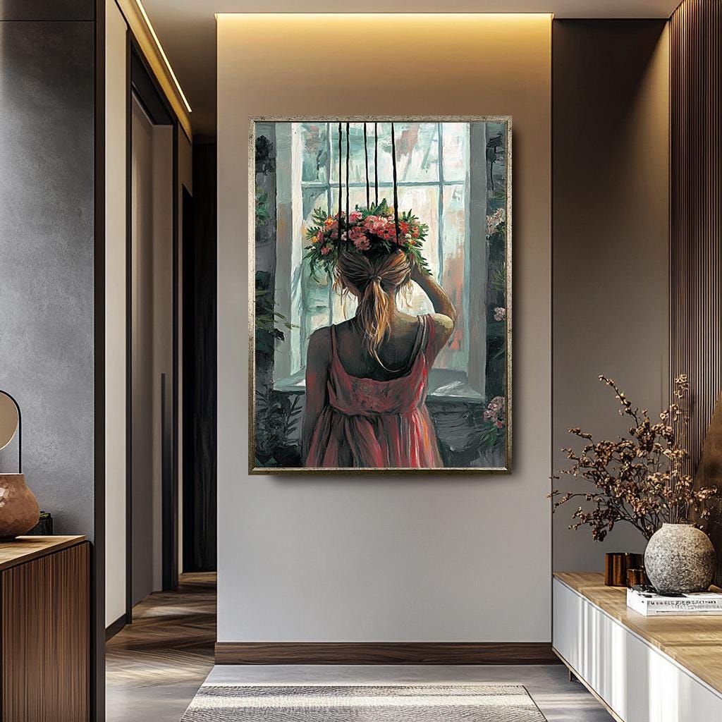 Romantic Woman Wall Art – Floral Head Painting | Feminine Aesthetic Artwork Canvas