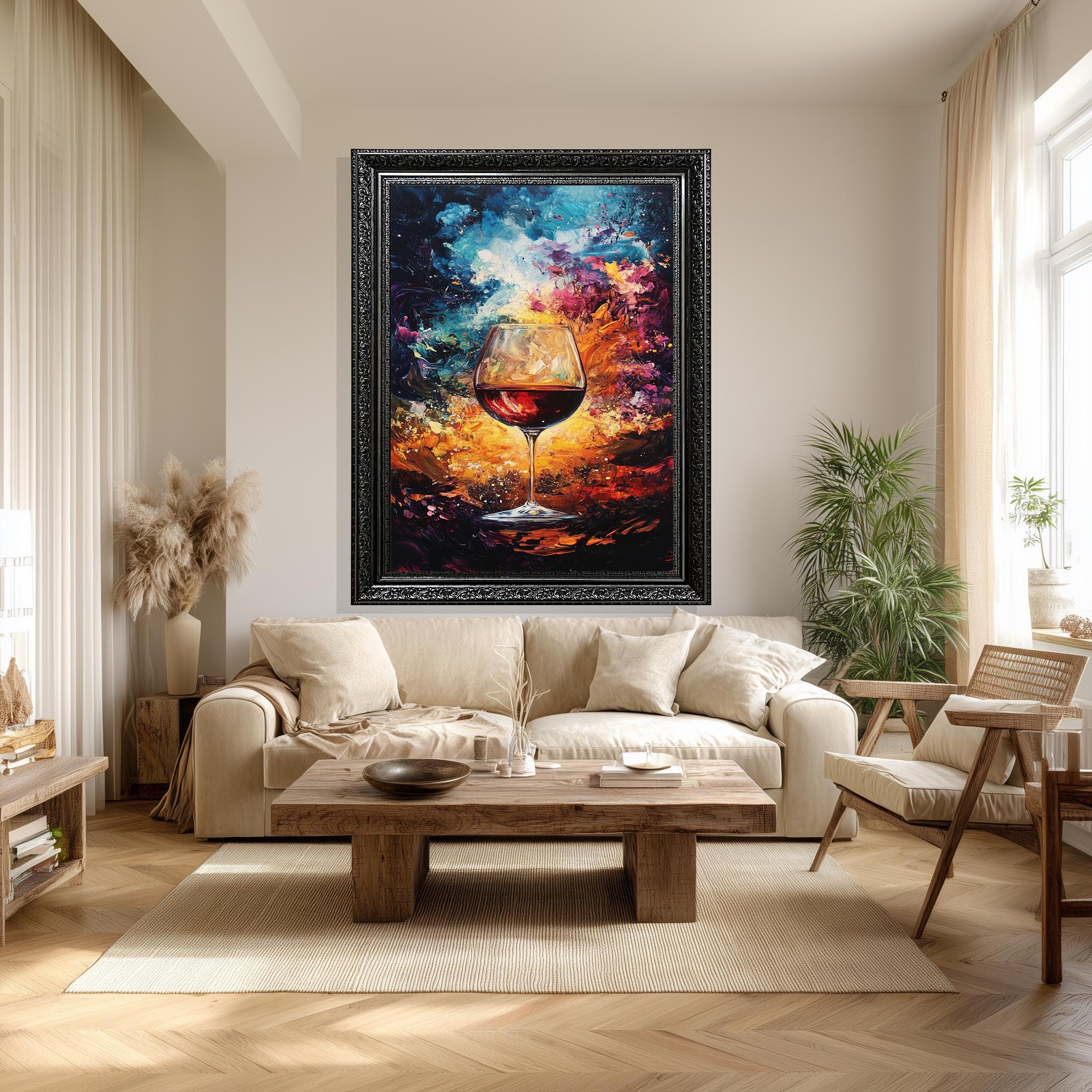 Red Wine Glass Canvas – Abstract Color Explosion Wall Art for Kitchen & Dining Room