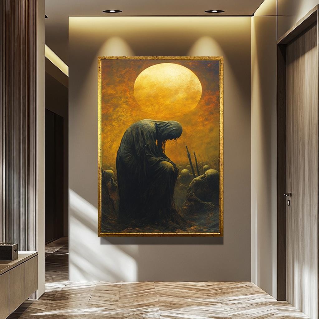 Dark Fantasy Canvas Print – Hooded Figure Artwork with Apocalyptic Skeleton Army & Golden Moon