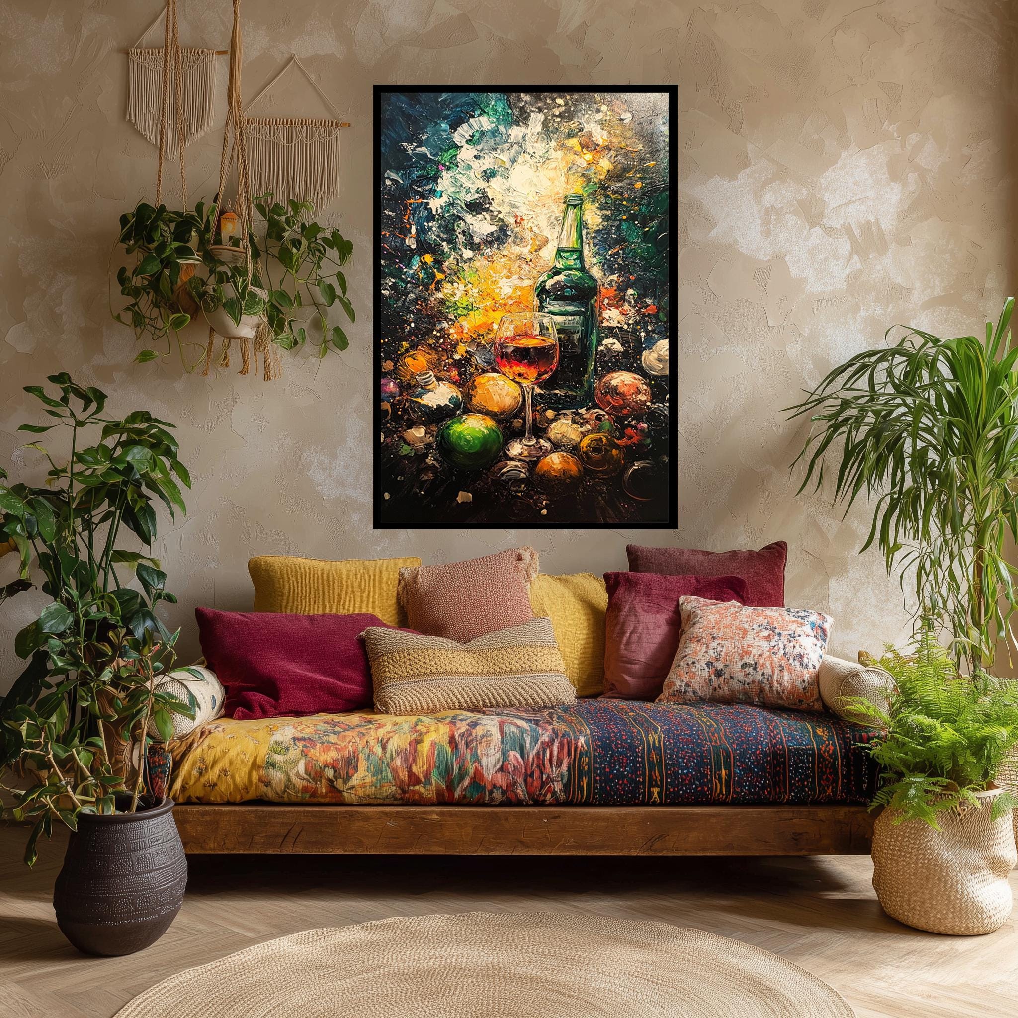 Wine Bottle Canvas Art – Colorful Abstract Holiday Ornaments | Ready to Hang Canvas