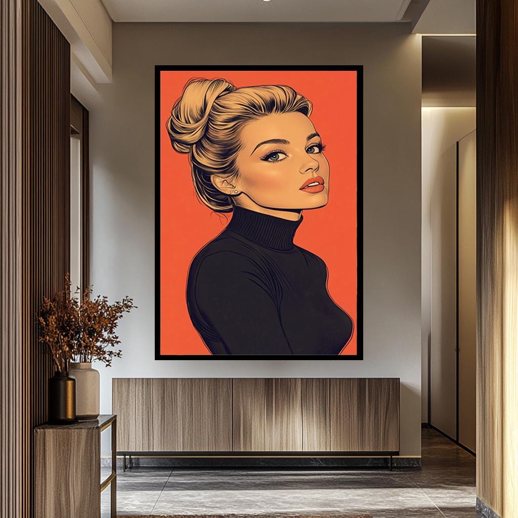 Pop Art Canvas Print – Blonde Woman Painting with Black Turtleneck & Bold Orange Background