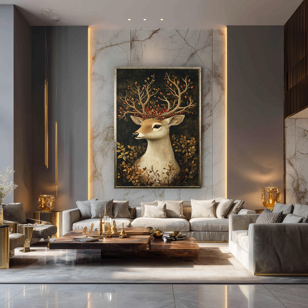 Deer Canvas Wall Art – Rustic Woodland Nature Print with Antlers & Red Berries